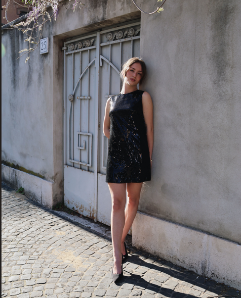 TOTAL BLACK SHORT DRESS PAILLETTES, AMALFI