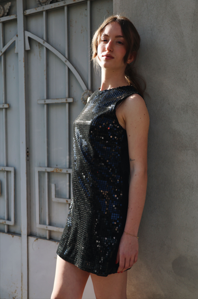 TOTAL BLACK SHORT DRESS PAILLETTES, AMALFI